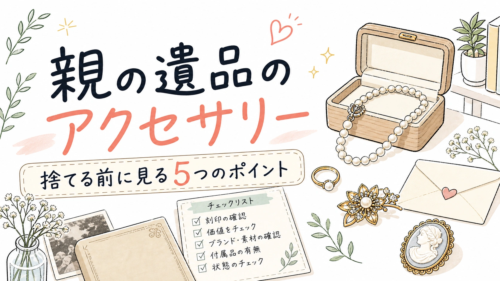 親の遺品のアクセサリーを捨てる前に確認する5つのポイントの手描きイラスト