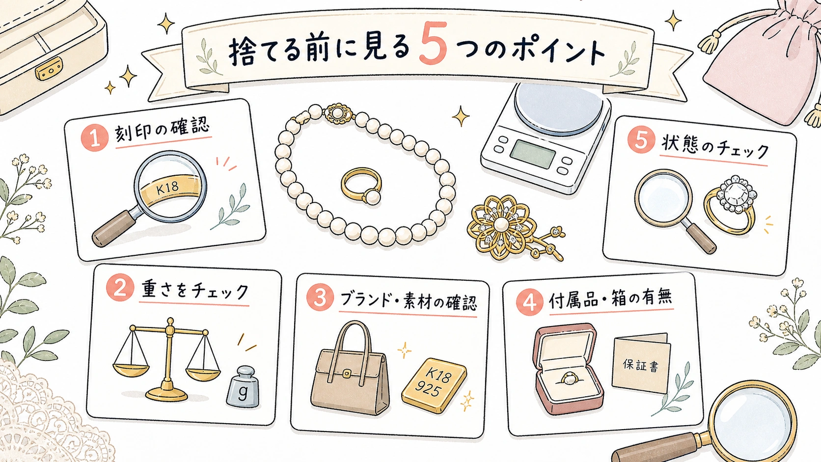親の遺品のアクセサリーを刻印や重さなど5つの視点で確認する手描き図解