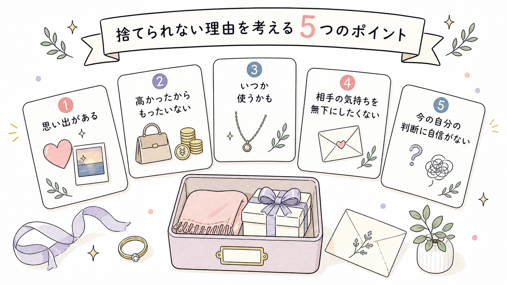 元彼からのプレゼントが捨てられない理由を整理する5つの判断の手描き図解