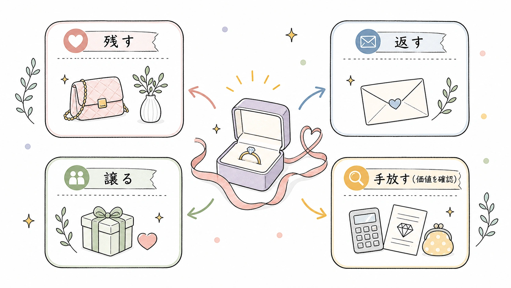 元彼からのプレゼントを残す・返す・譲る・手放す選択肢の手描き図解