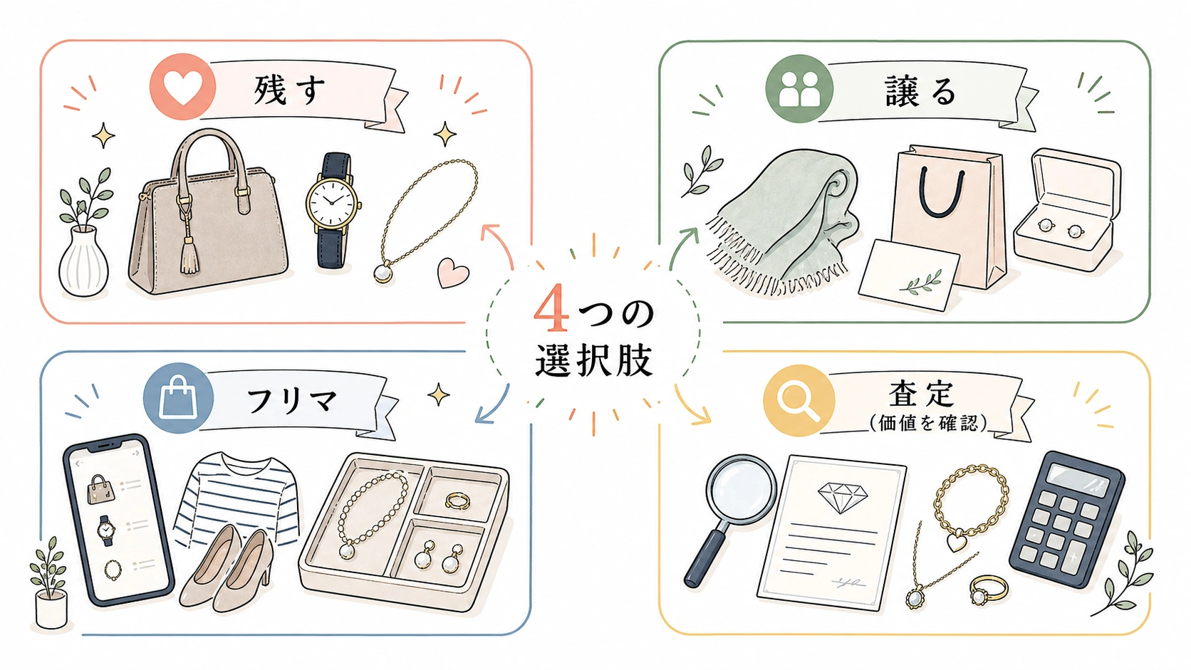 高かったものを残す・譲る・フリマ・査定に分ける手描き図解