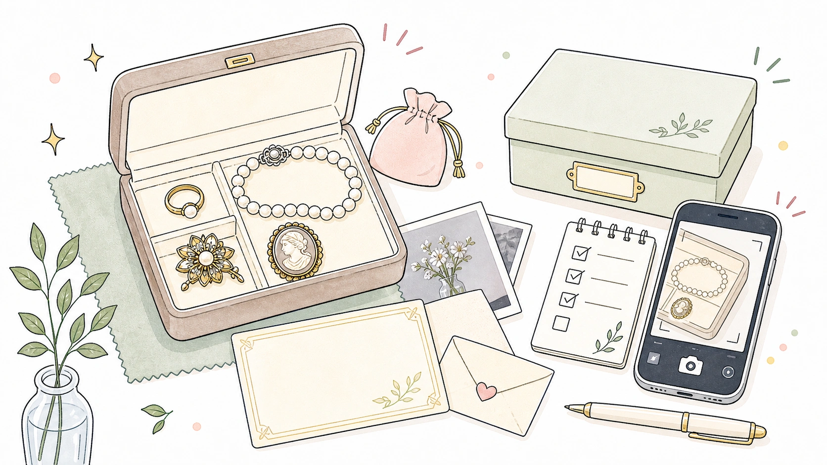 遺品のアクセサリーを手放す前に箱や記録を確認する手描きイラスト