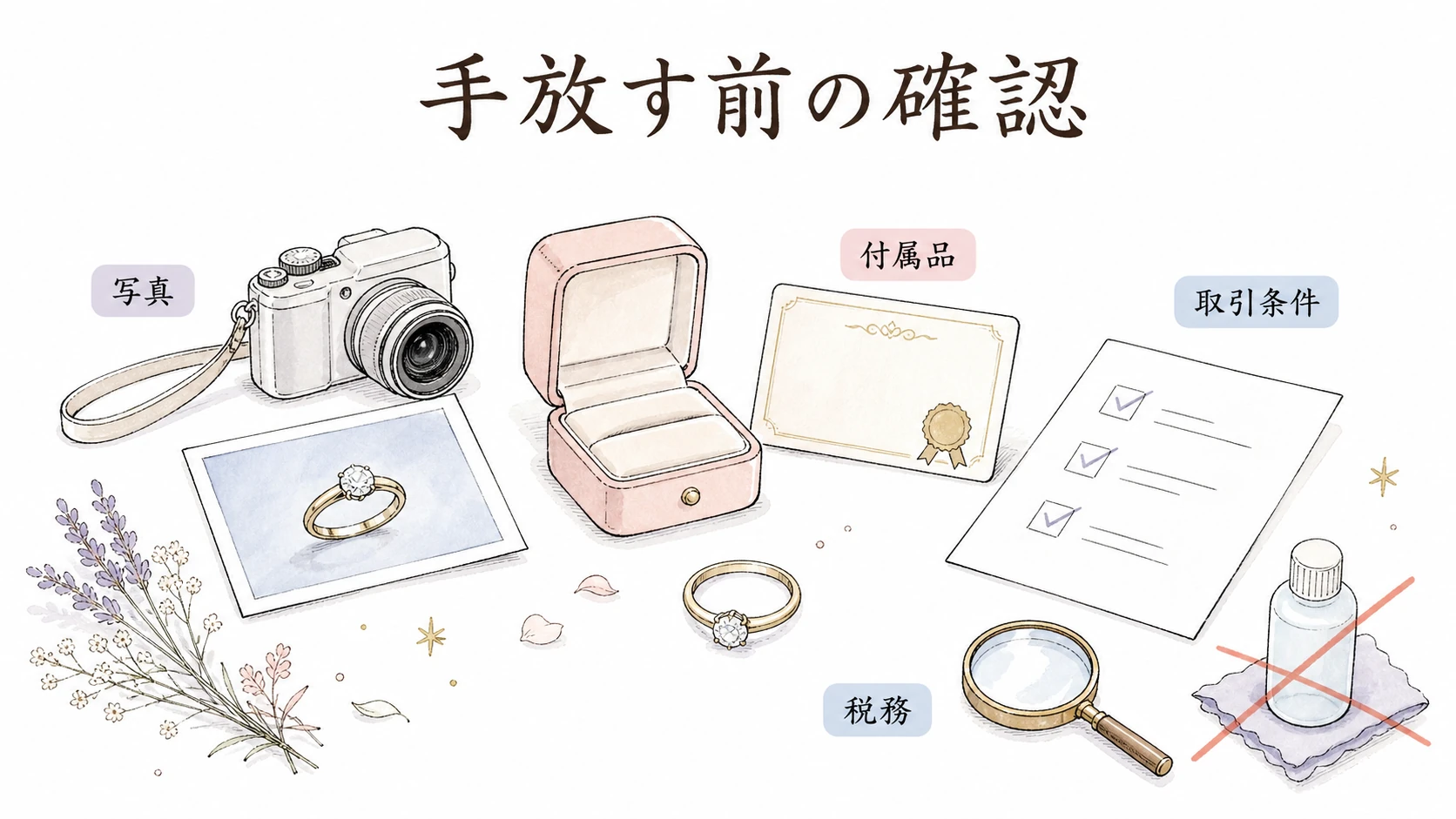 元彼にもらった指輪を手放す前に写真と付属品と取引条件を確認する様子
