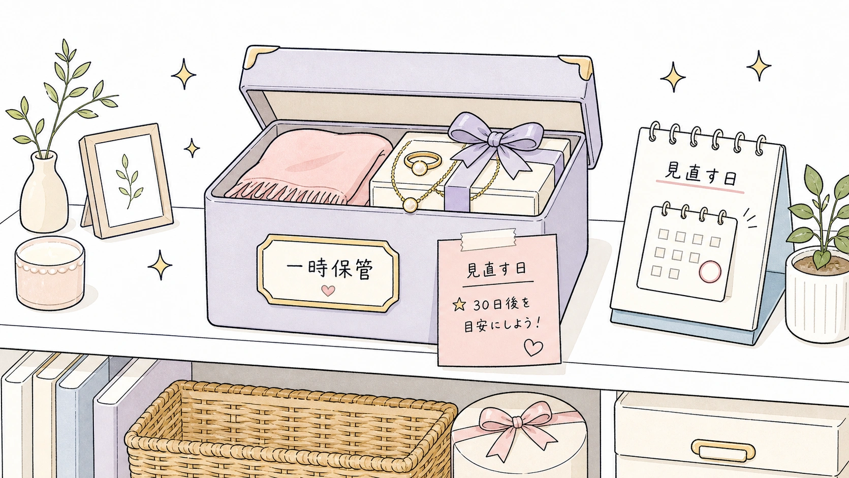 元彼からのプレゼントを一時保管して見直すルールを作る手描きイラスト