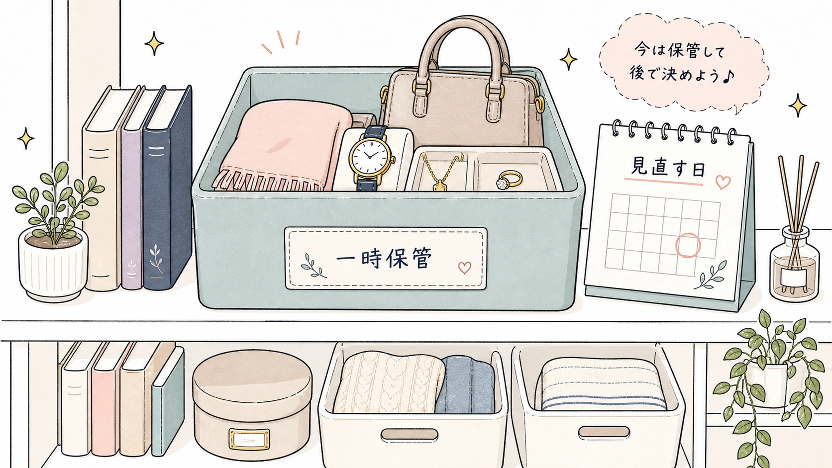 高かったものを一時保管して見直すルールを作る手描きイラスト
